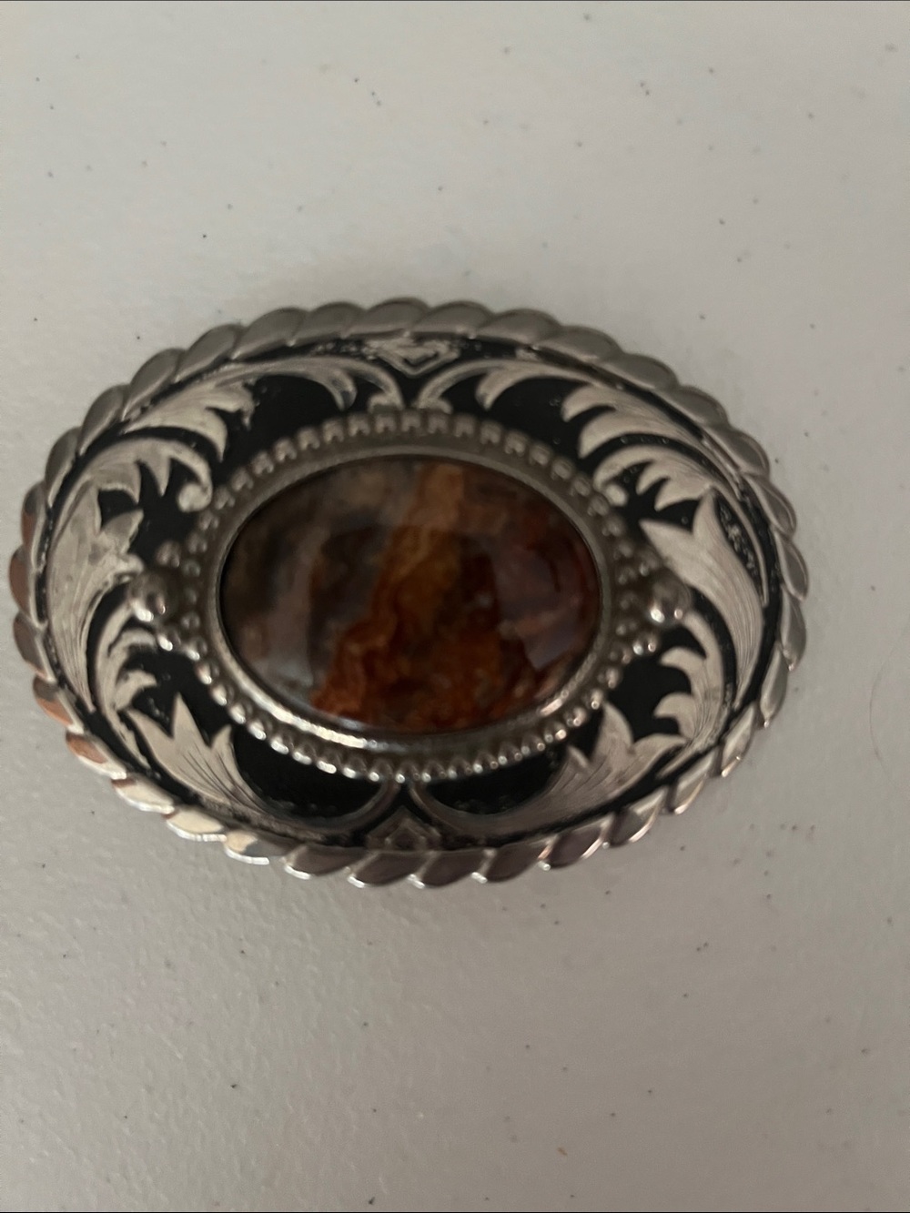 Vintage Western Silver Tone Oval Belt Buckle with Picture Jasper Cabochon